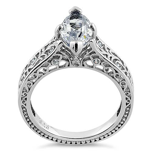 Sterling Silver Vines Filigree Maquise Cut Clear CZ Engagement Ring