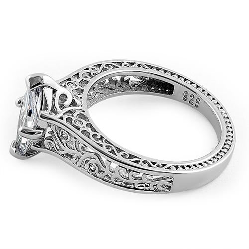 Sterling Silver Vines Filigree Maquise Cut Clear CZ Engagement Ring