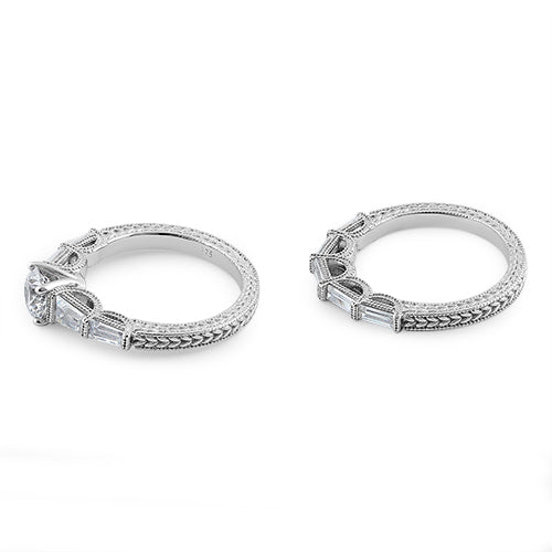 Sterling Silver Vintage Round & Baguette Cut Clear CZ Engagement Ring Set