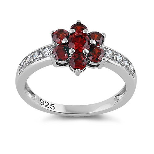 Sterling Silver Garnet Plumeria Flower CZ Ring