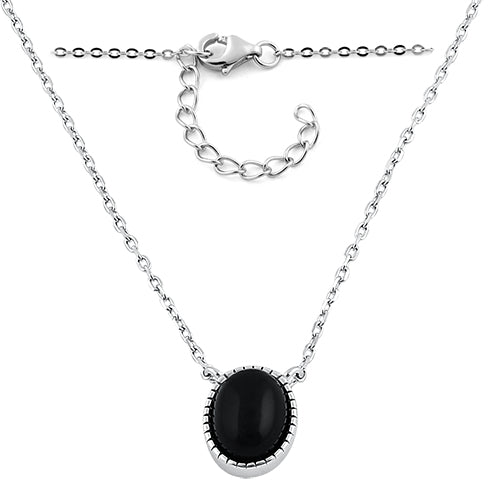 Sterling Silver Black Agate Oval Stone Necklace