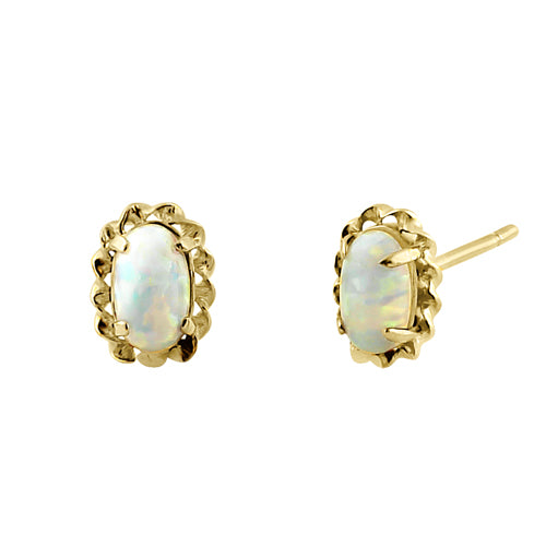 Solid 14K Yellow Gold White Lab Opal Oval Stud Earrings