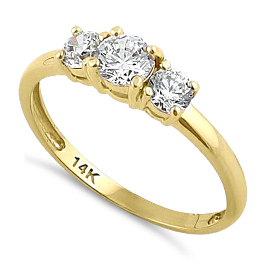 Solid 14K Yellow Gold Triple Round Cut CZ Engagement Ring