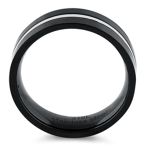 Black Stainless Steel 6.5mm Satin Finish Striped Band Ring