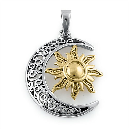 Sterling Silver Two-tone Bohemian  Sun and Moon Pendant