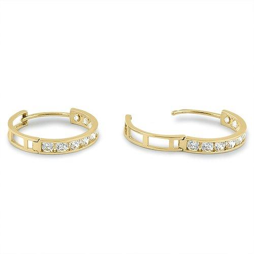 Solid 14K Yellow Gold 3 x 15mm Round CZ Hoop Earrings