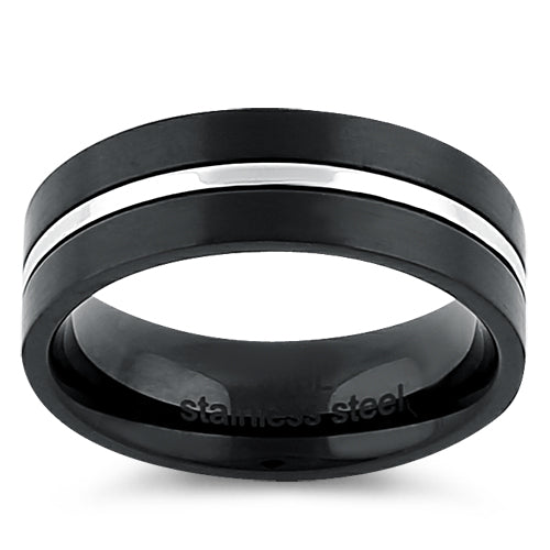Black Stainless Steel 6.5mm Satin Finish Striped Band Ring