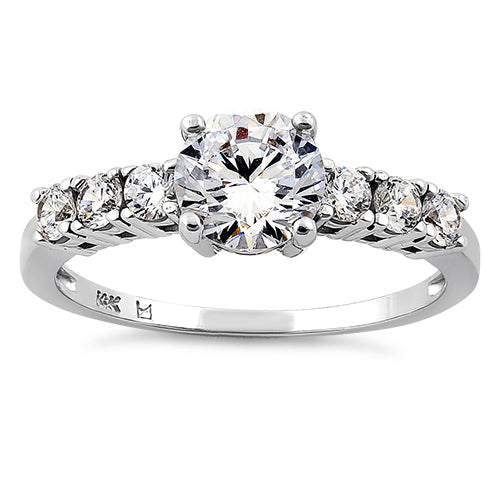 Solid 14K White Gold Eloquent Clear Round Cut Engagement CZ Ring
