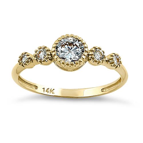 Solid 14K Yellow Gold Clear Five Round CZ Engagement Ring