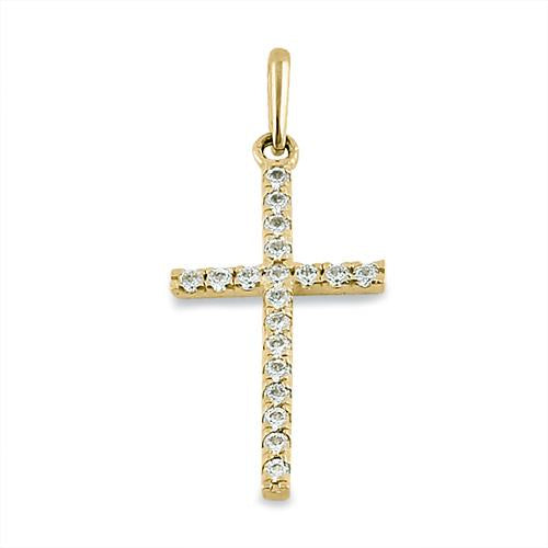 Solid 14K Yellow Gold Cross Clear CZ Pendant