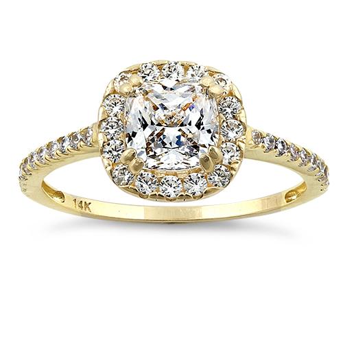 Solid 14K Yellow Gold Cushion Halo Engagement Clear CZ Ring