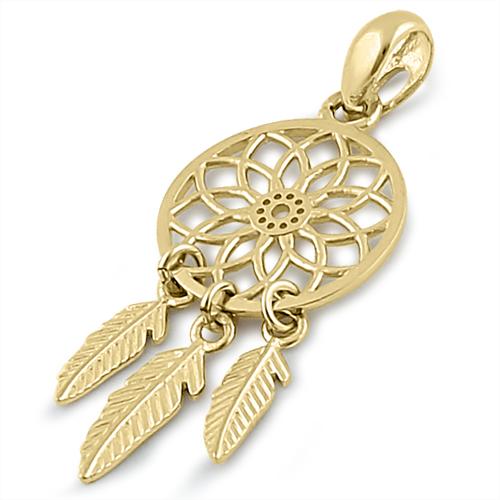 Solid 14K Yellow Gold Dream Catcher Pendant