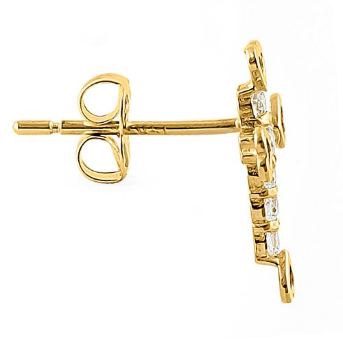 Solid 14K Yellow Gold Heart Cross Clear CZ Earrings