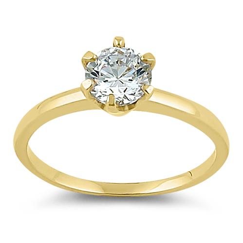 Solid 14K Yellow Gold Round 6mm Clear CZ Ring