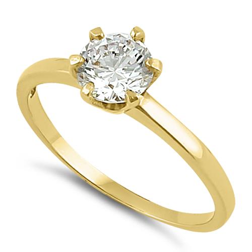 Solid 14K Yellow Gold Round 6mm Clear CZ Ring