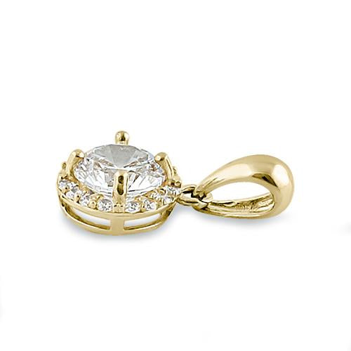 Solid 14K Yellow Gold Round Halo Clear CZ Pendant