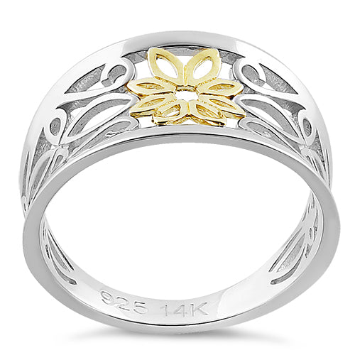 Solid 14K Yellow Gold & Sterling Silver Filigree Flower Ring