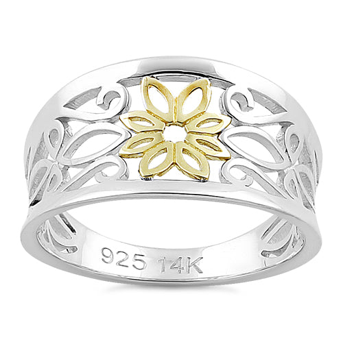 Solid 14K Yellow Gold & Sterling Silver Filigree Flower Ring