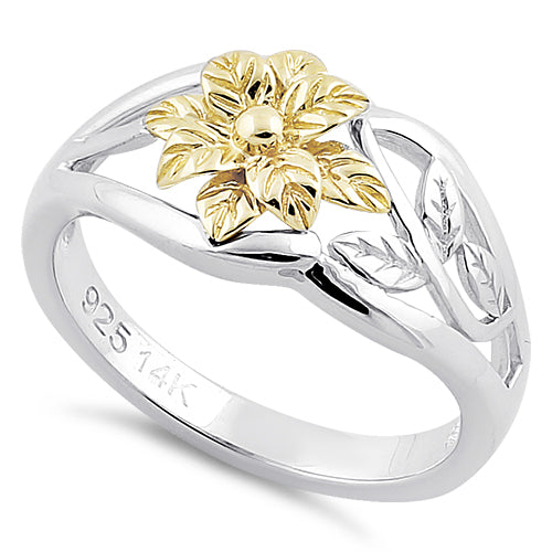Solid 14K Yellow Gold & Sterling Silver Flower Ring
