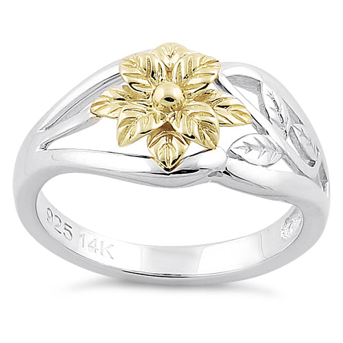Solid 14K Yellow Gold & Sterling Silver Flower Ring