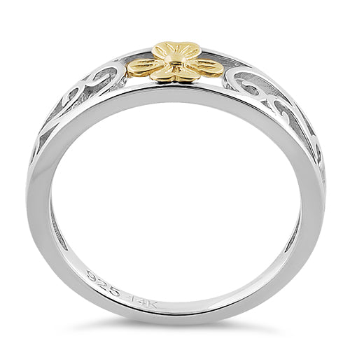 Solid 14K Yellow Gold & Sterling Silver Flower Ring