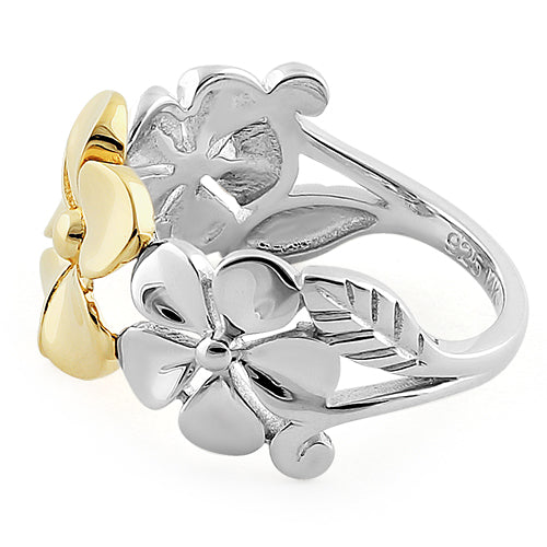 Solid 14K Yellow Gold & Sterling Silver Triple Plumeria Ring