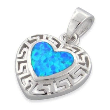 Sterling Silver Heart Greek Pattern Lab Opal Pendant