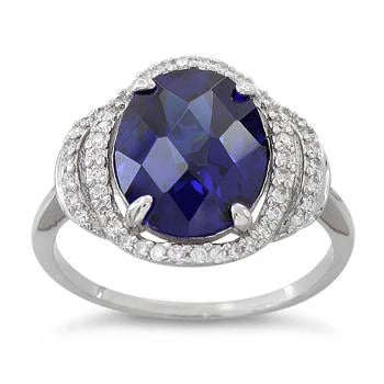 Sterling Silver Dark Blue Spinel Oval Halo CZ  Ring