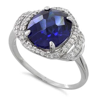 Sterling Silver Dark Blue Spinel Oval Halo CZ  Ring