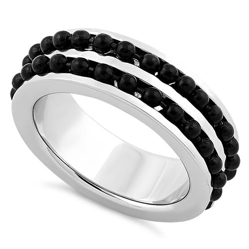 Stainless Steel Black Beaded Groove Polished Ring