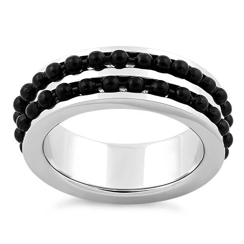Stainless Steel Black Beaded Groove Polished Ring