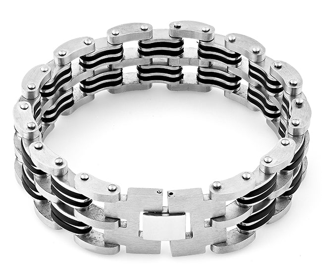 Stainless Steel Black Rubber Link Bracelet