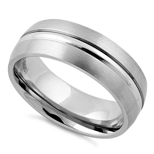 Stainless Steel Center Polished Double Groove Satin Finish Band Ring