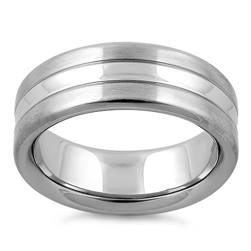 Stainless Steel Center Polished Double Groove Satin Finish Band Ring