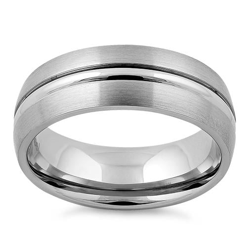 Stainless Steel Center Polished Double Groove Satin Finish Band Ring