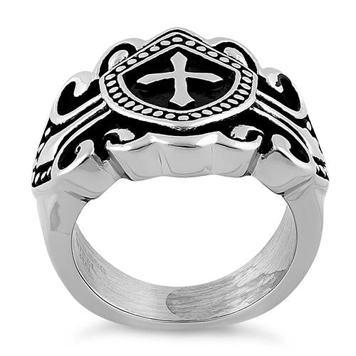 Stainless Steel Cross Crest Shield Ring