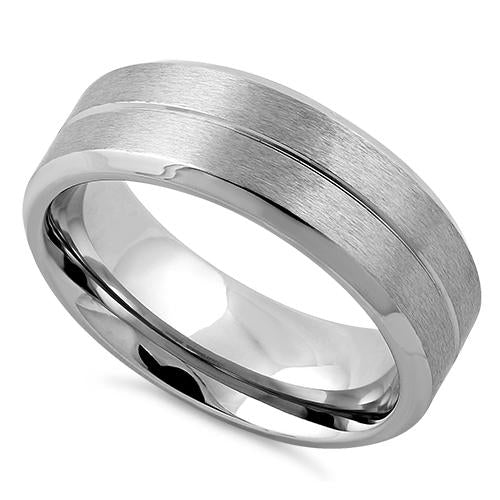 Stainless Steel Polished Beveled Groove Satin Finish Band Ring