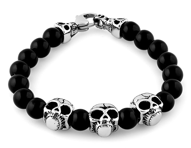 Stainless Steel Triple Skull Black Agate Bracelet