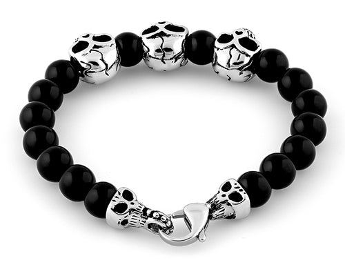 Stainless Steel Triple Skull Black Agate Bracelet