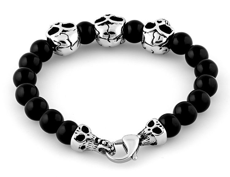 Stainless Steel Triple Skull Black Agate Bracelet