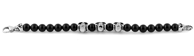 Stainless Steel Triple Skull Black Agate Bracelet