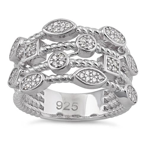 Sterling Silver Multi-Shape Rope Round Clear CZ Ring