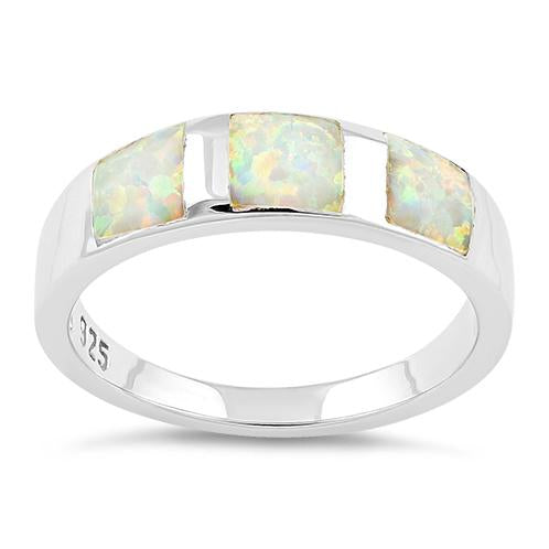 Sterling Silver 3 Square White Lab Opal Ring