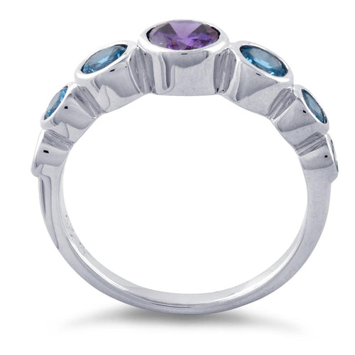 Sterling Silver Amethyst & Blue Topaz Seven Stone Round CZ Ring