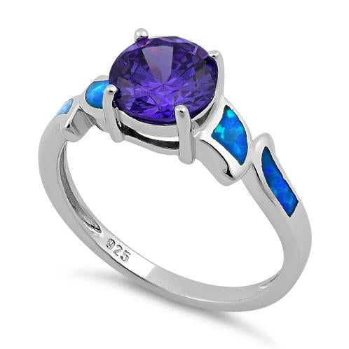 Sterling Silver Amethyst Center Round Stone Blue Lab Opal Ring