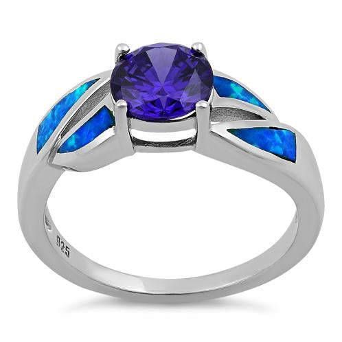 Sterling Silver Amethyst Center Round Stone Blue Lab Opal Ring