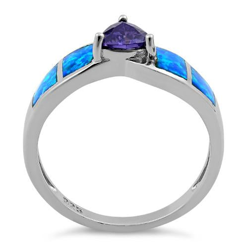 Sterling Silver Amethyst Center Trillion Cut Stone Blue Lab Opal Ring