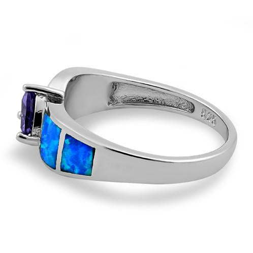 Sterling Silver Amethyst Center Trillion Cut Stone Blue Lab Opal Ring