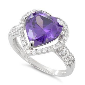 Sterling Silver Amethyst Heart Halo CZ Ring