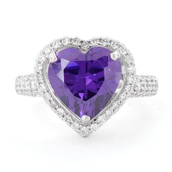 Sterling Silver Amethyst Heart Halo CZ Ring